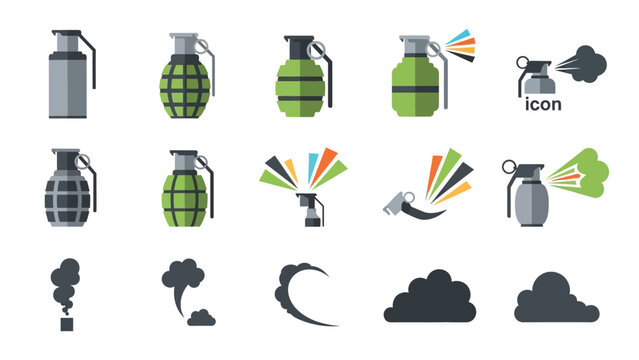 Set of flat icons depicting grenades and smoke bombs used in warfare and combat situations.