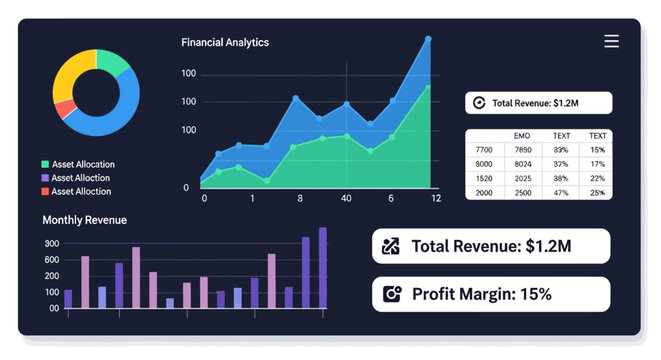 Financial analytics dashboard showing asset allocation, monthly revenue, and profit margin.