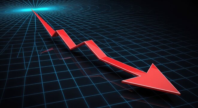 A stylized red arrow descends sharply across a digital grid background, symbolizing falling interest rates and a downturn in the economy, failure, debt, budget