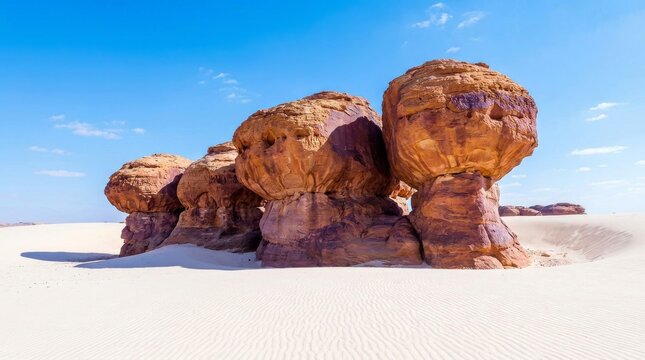 Unique rock formations in a vast desert landscape under a clear blue sky