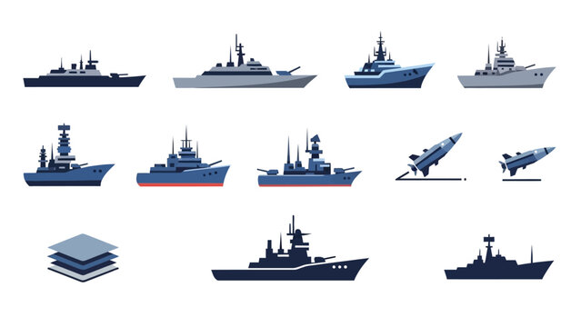Navy ships and missile launchers vector icons set, military battleships and rockets collection.
