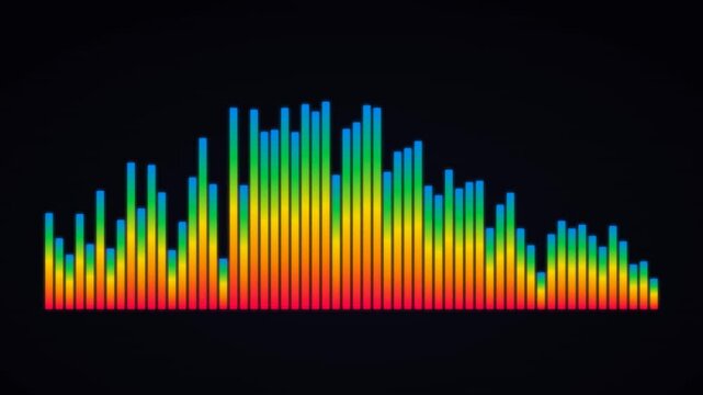 Audio equalizer bars bouncing in full rainbow gradient from red to blue with glow reflection on dark background