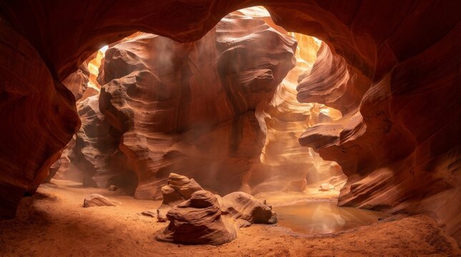 Sunlight beams into narrow sandstone canyon with water pool