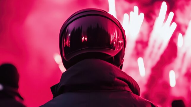 Person in helmet looking at bright fireworks display during night event
