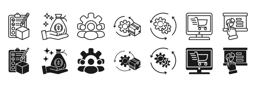 ERP icon set. enterprise resource planning and inventory symbol