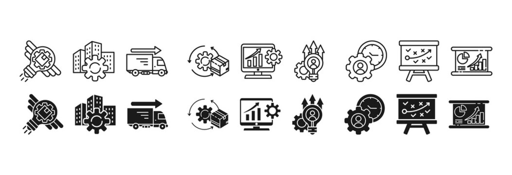 PLM icon set. product lifecycle management and innovation symbol