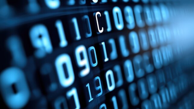 Abstract digital display with glowing blue numeric code and data flow