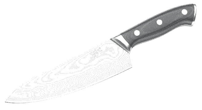 Professional stainless steel chef knife with a decorative damascus pattern and a black handle isolated on a plain white studio background.