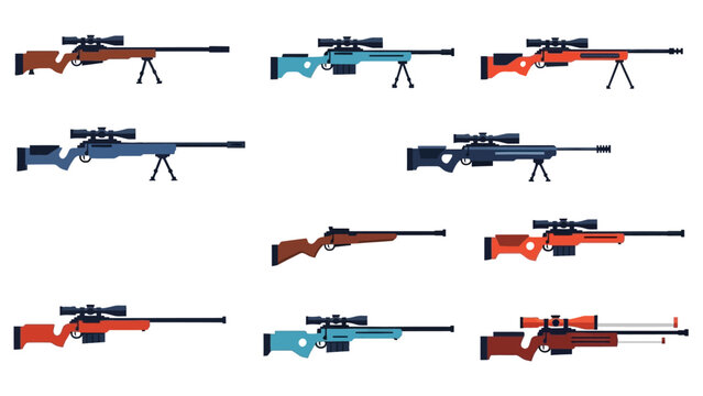 Assortment of assault rifles with scopes and bipods, featuring diverse models and colors.
