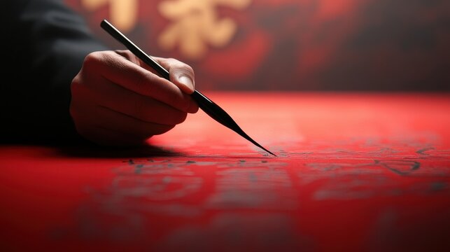 Close-up of person writing traditional calligraphy with brush on red paper