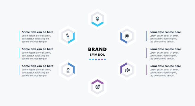 Business infographic layout featuring six hexagonal icons around a brand symbol with text placeholders for professional company data and process visualization.