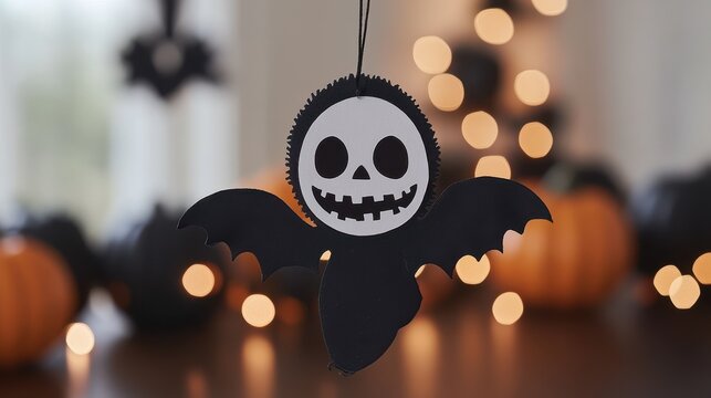 Cute hanging ghost decoration with black bat wings for Halloween party