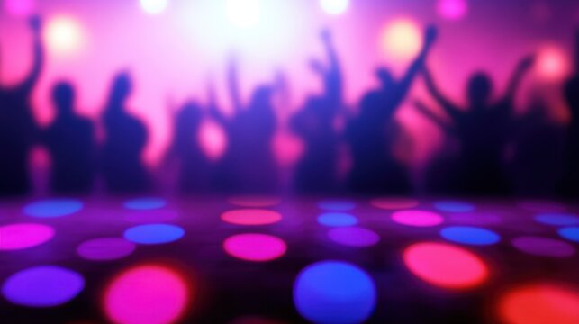 Vibrant colorful party scene with dancing crowd and illuminated floor lights
