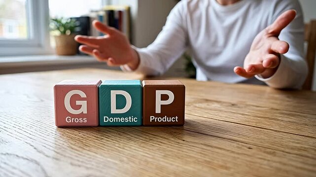 GDP blocks on wooden table with person emphasizing entrepreneurial spirit and innovation