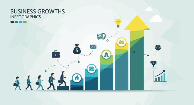 Business growth infographic animated arrow with people and icons on light background