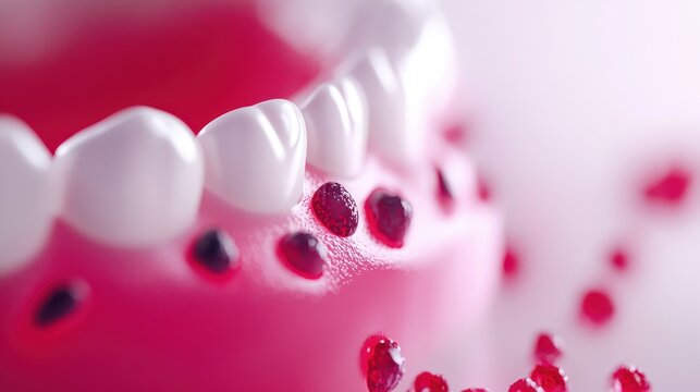 Close-up view of white teeth with red bleeding gums close to camera