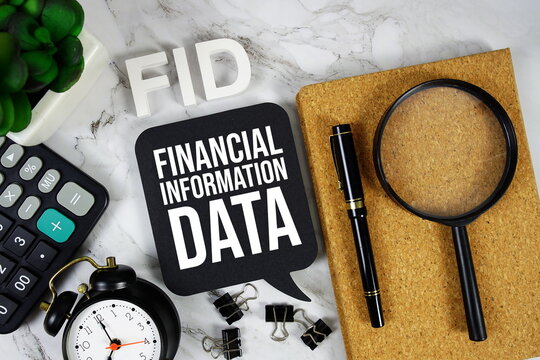 FID - Financial Information Data acronym with calculator, alarm clock and magnifying glass, business concept background