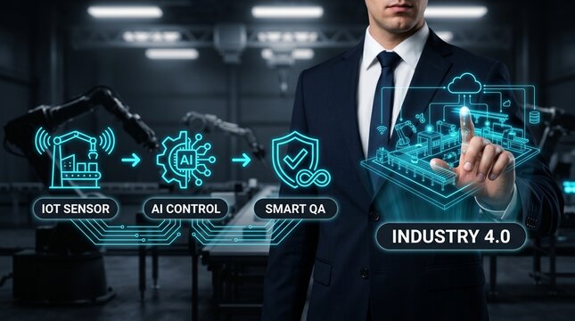 Industry 40 concept with businessman interacting with holographic smart factory interface featuring iot sensors, ai control, and smart qa