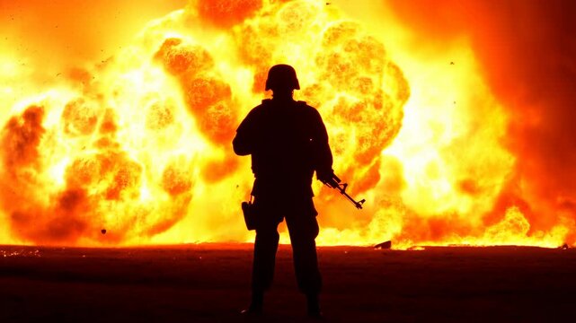 Warrior Amid Chaos. Infantryman In Heavy Gear Stands Alert As Devastating Explosion Engulfs Landscape