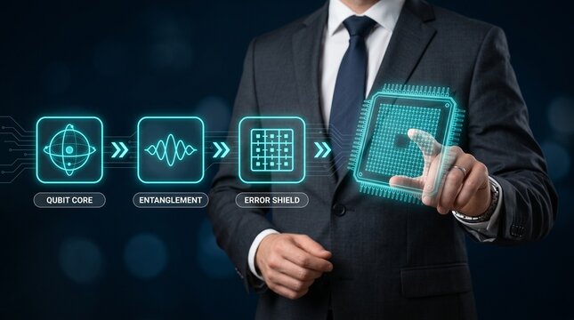 Businessman interacting with futuristic quantum computing holographic interface showing qubit core, entanglement, and error shield concepts