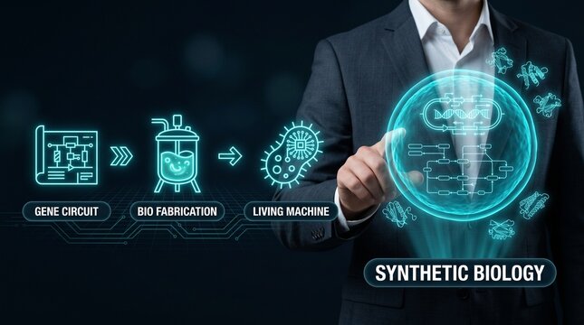 Synthetic biology concept with gene circuit, bio fabrication, and living machine icons