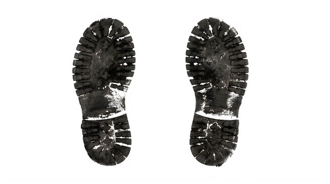 Set of black shoe footprints for crime investigation and sports mystery design themes frontal isolated png on a transparent background perfectly cutout high resolution