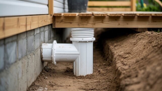 White PVC drainage pipe cleanout installed near house foundation in construction trench