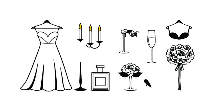 Hand drawn vector illustration set featuring a cartoon angel and devil silhouette with a sketch of fashion people in a black doodle art style