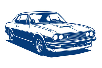 Naklejka premium Vintage Japanese sports car vector illustration. Classic retro coupe automotive design. Blue monochromatic car silhouette isolated on white.