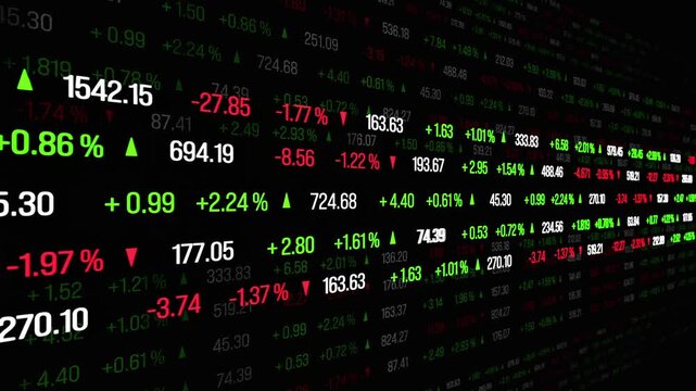 Abstract stock exchange ticker tape, prices and percentage changes, market data. Investing, buying, selling, price up and down, risk, volatile, growth.