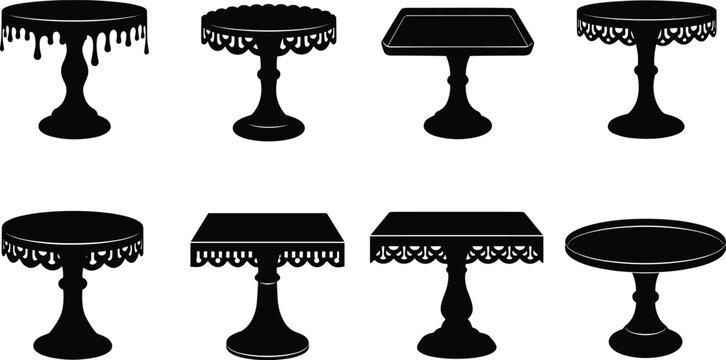 Elegant cake stand silhouettes collection, decorative serving ware designs, round and square pedestal bases, scalloped edges, lace patterns, bakery presentation