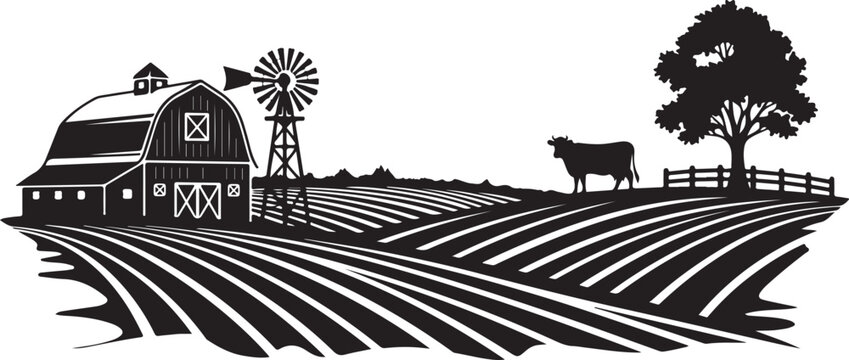 Black and white farm landscape with barn, windmill and cow