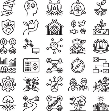 Landback & Indigenous Sovereignty Line Icons Set &ndash; 30 Minimal Black Outline Vector Icons for Indigenous Stewardship, Cultural Revitalization & Traditional Ecological Knowledge Systems