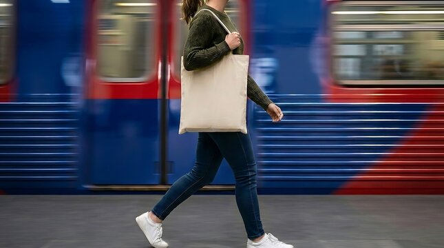 Stylish woman with blank tote bag walking past a fast-moving train at a vibrant urban station