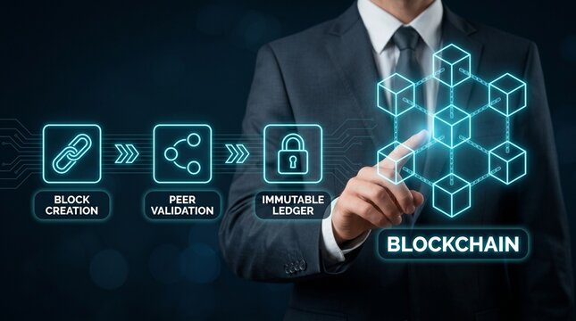 Businessman interacting with a holographic blockchain diagram, illustrating block creation, peer validation, and immutable ledger concepts