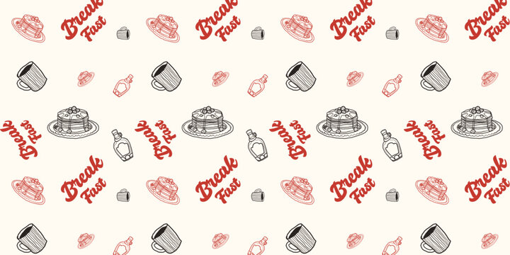 Seamless pattern with handdrawn breakfast elements including pancakes, coffee mugs, and syrup bottles