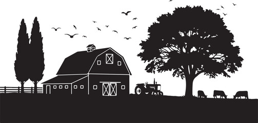 Black silhouette of a barn with a tractor and cows © Rana