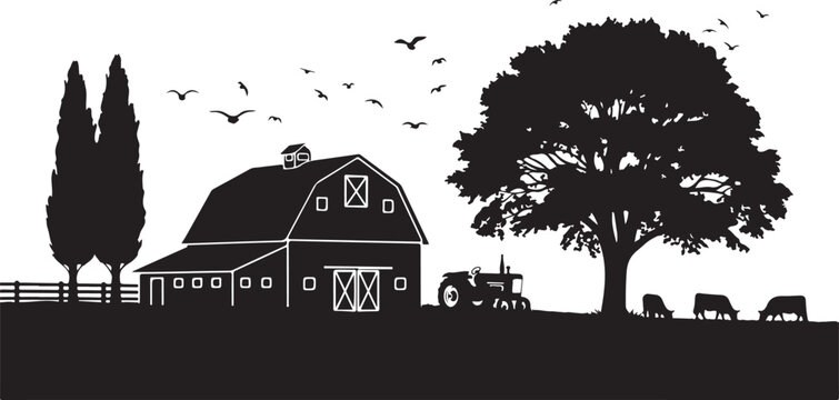 Black silhouette of a barn with a tractor and cows