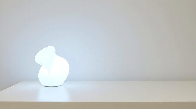 A minimalist, modern, glowing white vase-shaped lamp casting a soft light on a clean, white surface