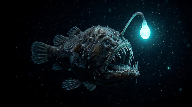 Enigmatic anglerfish predator illuminated by its bioluminescent bait, drifting through abyssal darkness
