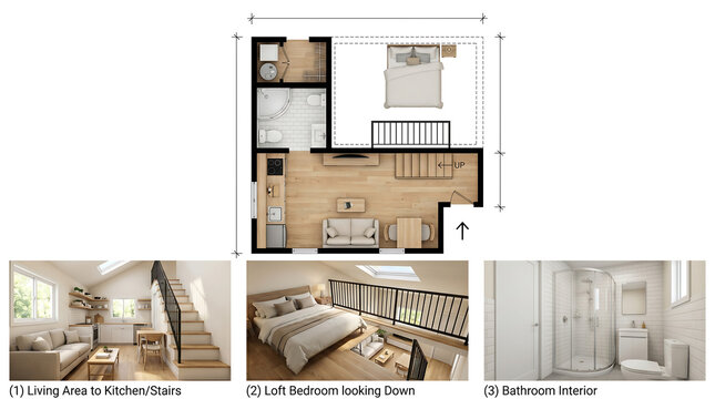Photorealistic Floor Plan and Interior Views of a Compact L‑Shaped Tiny House with Loft Bedroom