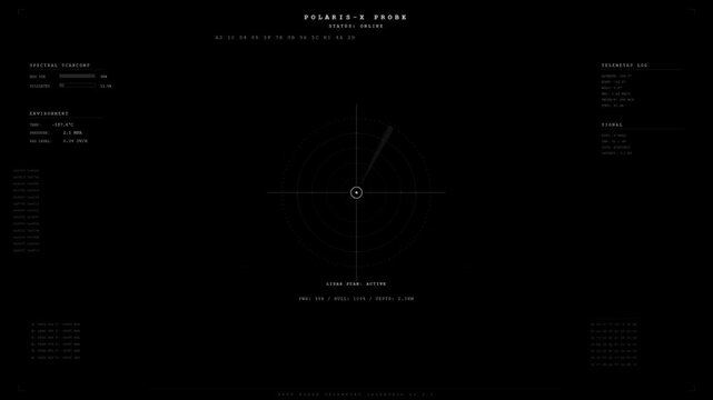 Detailed sci-fi Polaris probe HUD interface with hex telemetry glitch effects and mission data on black display