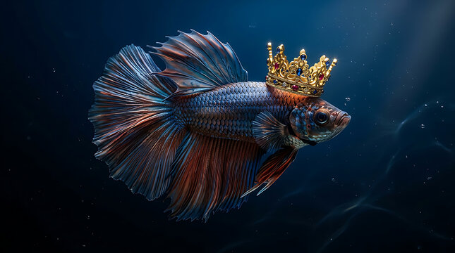 Majestic fish wearing a golden crown gracefully floating in the deep blue water with light rays