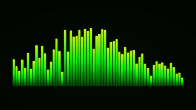 Audio equalizer bars bouncing in matrix neon green to chartreuse gradient with electric glow on dark forest background