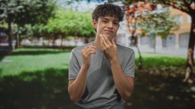 Teenage boy touching chin and cheek with hands, slight smirk and thoughtful pose in front of building; pensive thought.
