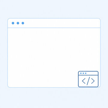 Simple browser window UI mockup with code editor icon in blue minimal style