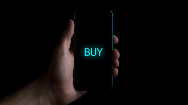 A hand holding a sleek smartphone in a dark setting, featuring a glowing cyan "BUY" button on the screen.
