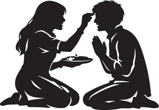 silhouette of sister applying tilak on brother's forehead