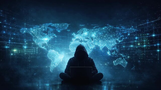 Hacker using laptop with global digital map interface, cybersecurity concept, data monitoring, cyber threat and network protection.