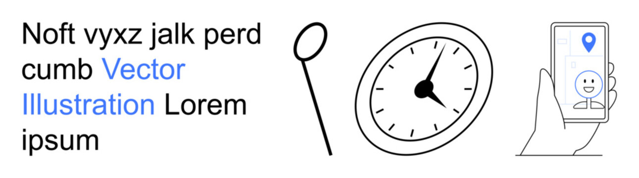 Navigation tools, time management, usability design, mobile apps, location tracking, digital processes. Hand holding phone with location pin, stopwatch magnifying glass. Navigation tools and time